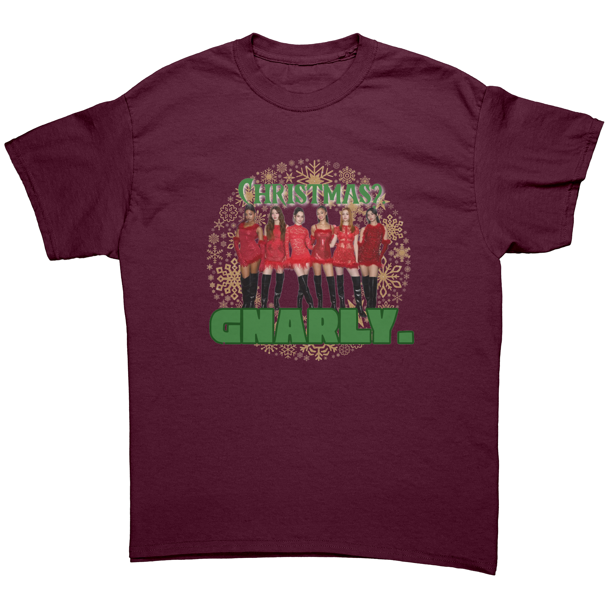 Christmas_Gnarly_Katseye_T-Shirt__Kpo_Maroon_Front_Mockup.png