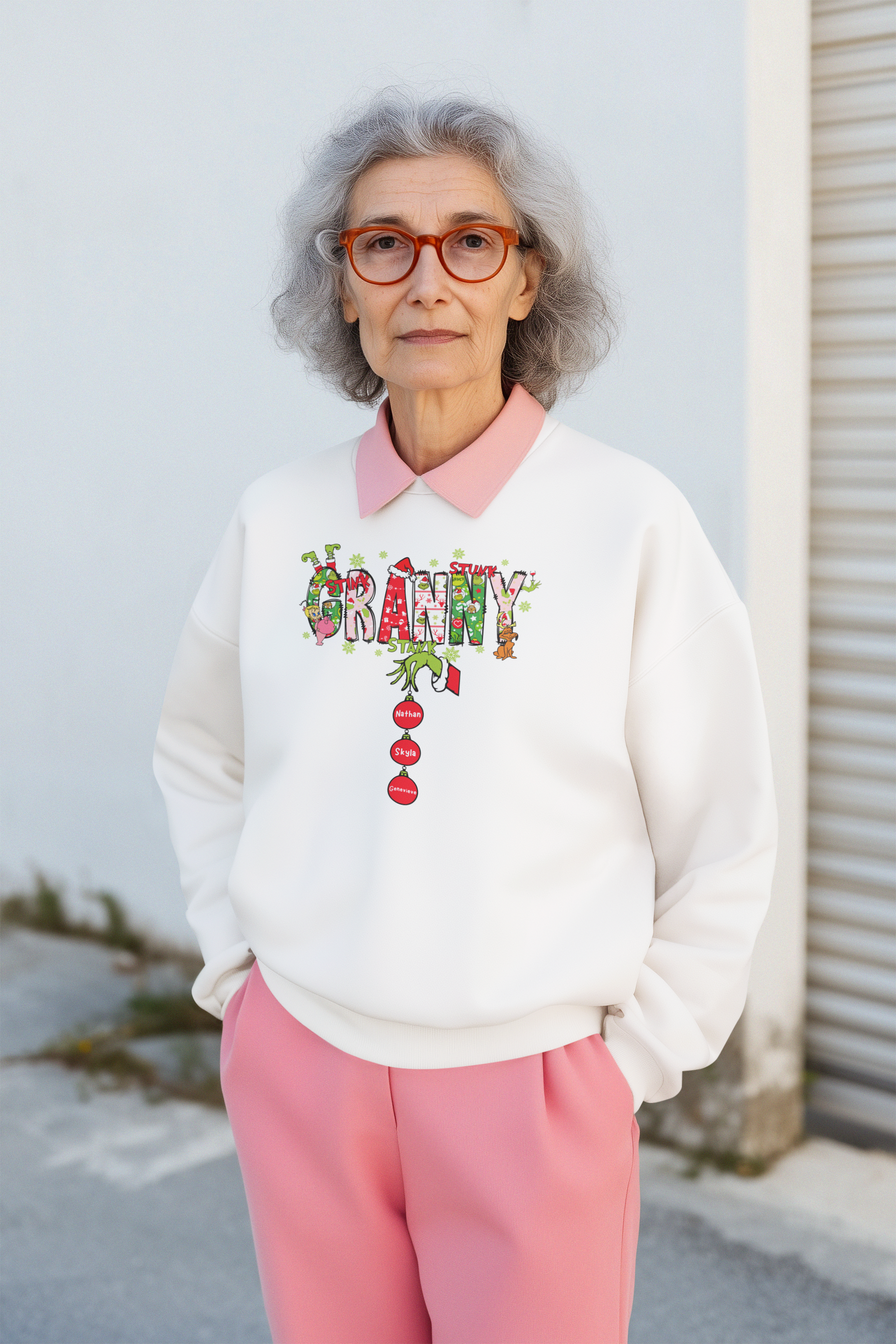 Granny Grinch Ornament Sweatshirt – Personalized Kids’ Names – Custom Christmas Sweatshirt