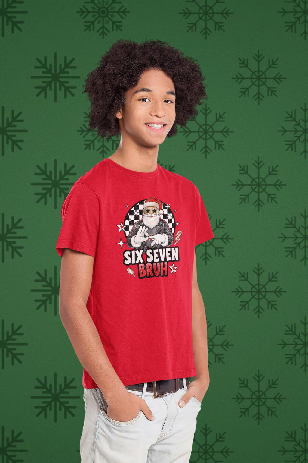 “Six Seven Bruh” Santa Hand Sign Christmas T-Shirt – Cool Santa Funny Holiday Tee
