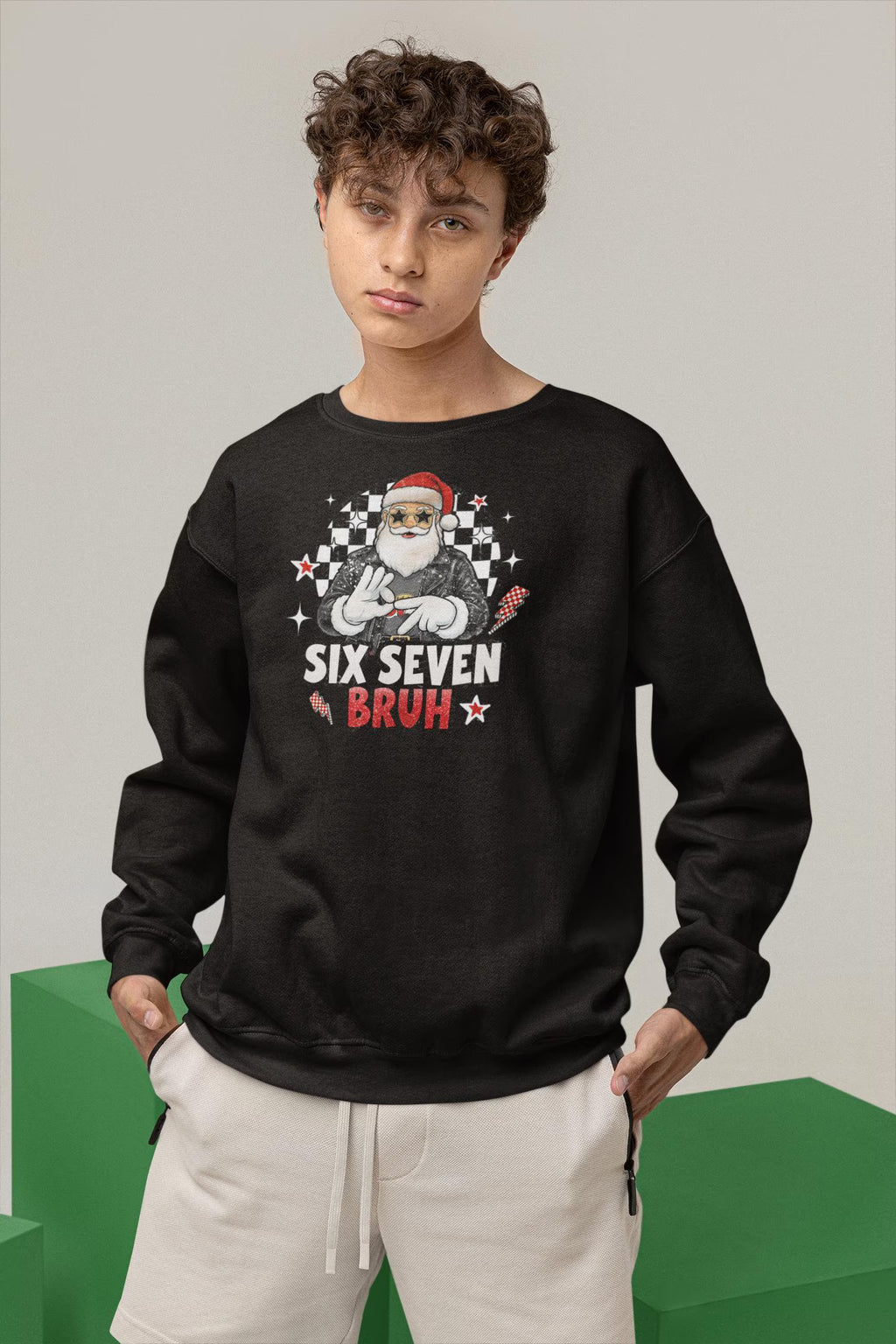 “Six Seven Bruh” Santa Hand Sign Sweatshirt – Cool Santa Funny Christmas Crewneck