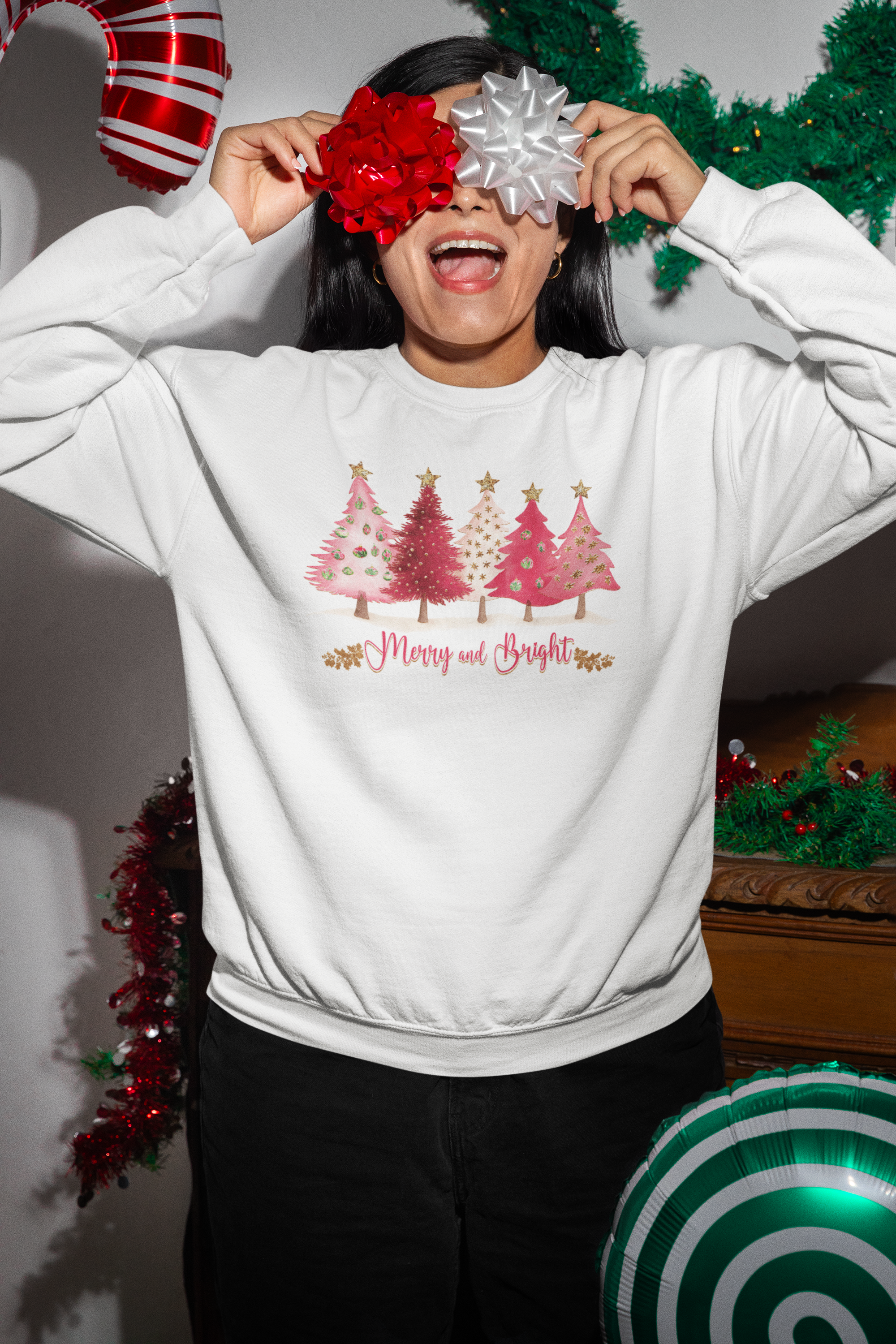 Merry and Bright Christmas Sweatshirt | Pink Retro Christmas Tree Pullover