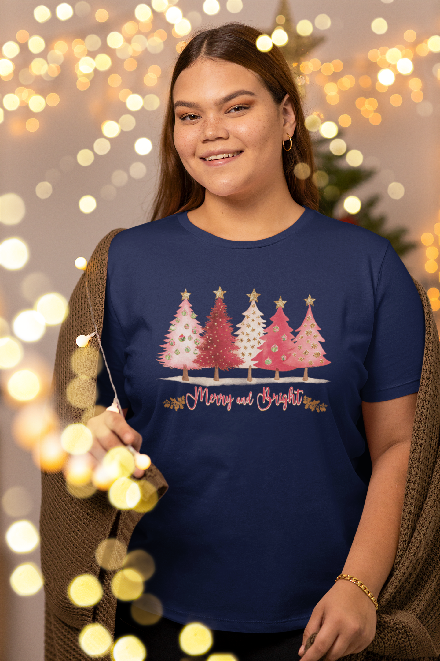 Merry and Bright Christmas T-Shirt | Pink Retro Christmas Tree Holiday Tee
